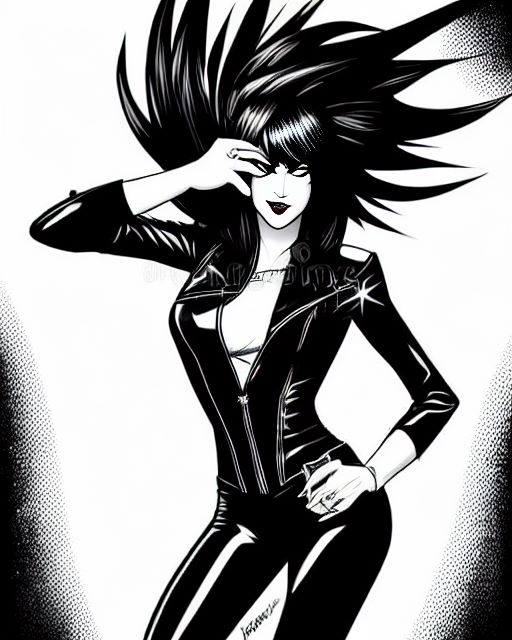 A black-and-white comic-style character depicting Atomic's vocalist Tanita.