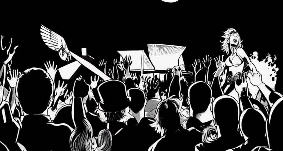 A black-and-white comic drawing of a cheering crowd from behind.