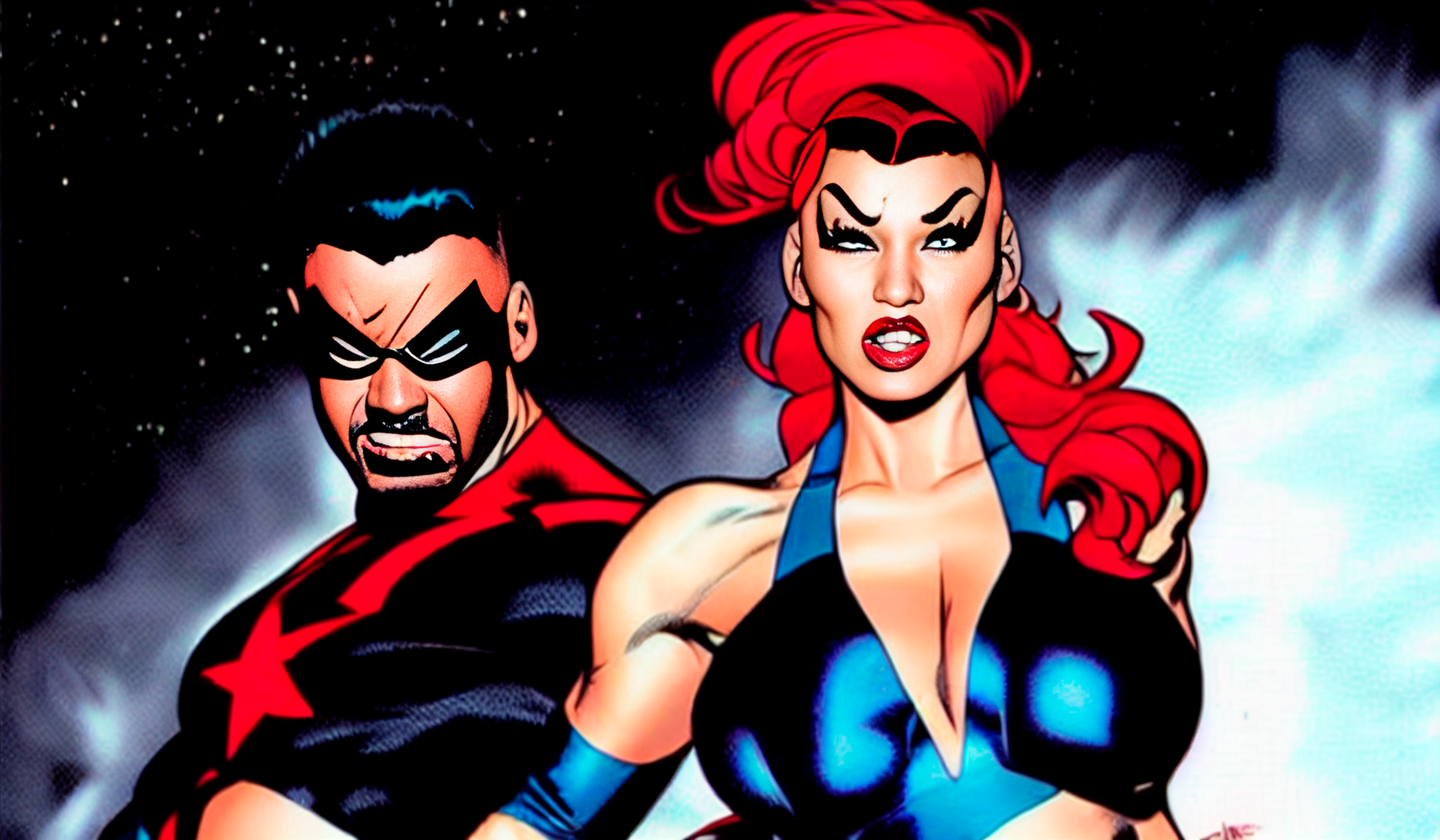 A brightly colored image of animated supervillains who could resemble Tanja and Mike.